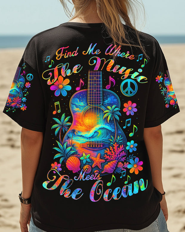 Find Me Where the Music Meets the Ocean - Tropical Guitar Music & Ocean - AOP Shirts