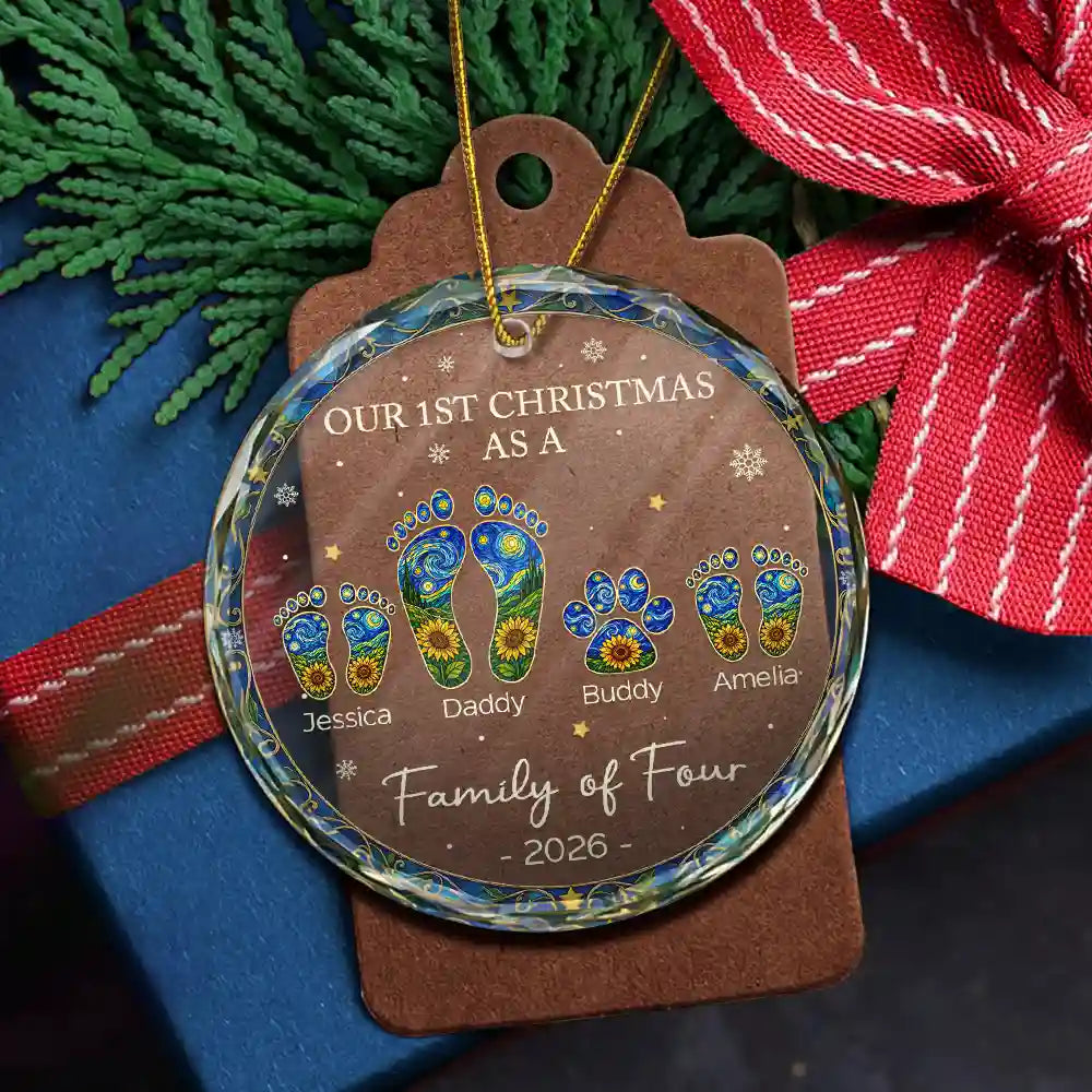 FirstChristmasAsAFamilyOfFourSunflowerFootprints PersonalizedCircleGlassOrnament MK5