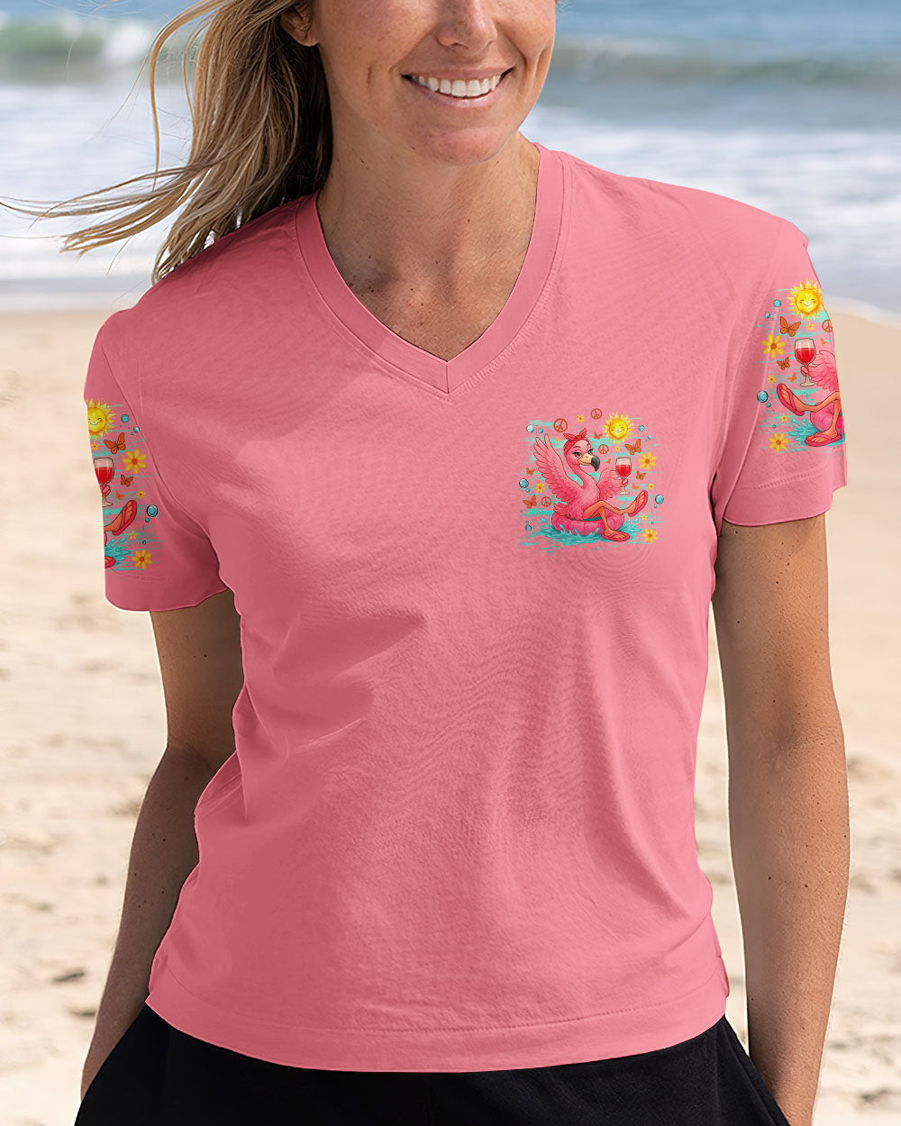 Float Drink Tan Repeat Funny Flamingo Pink Summer Vibes Design for Women AOP Shirts _4_ i3dN9