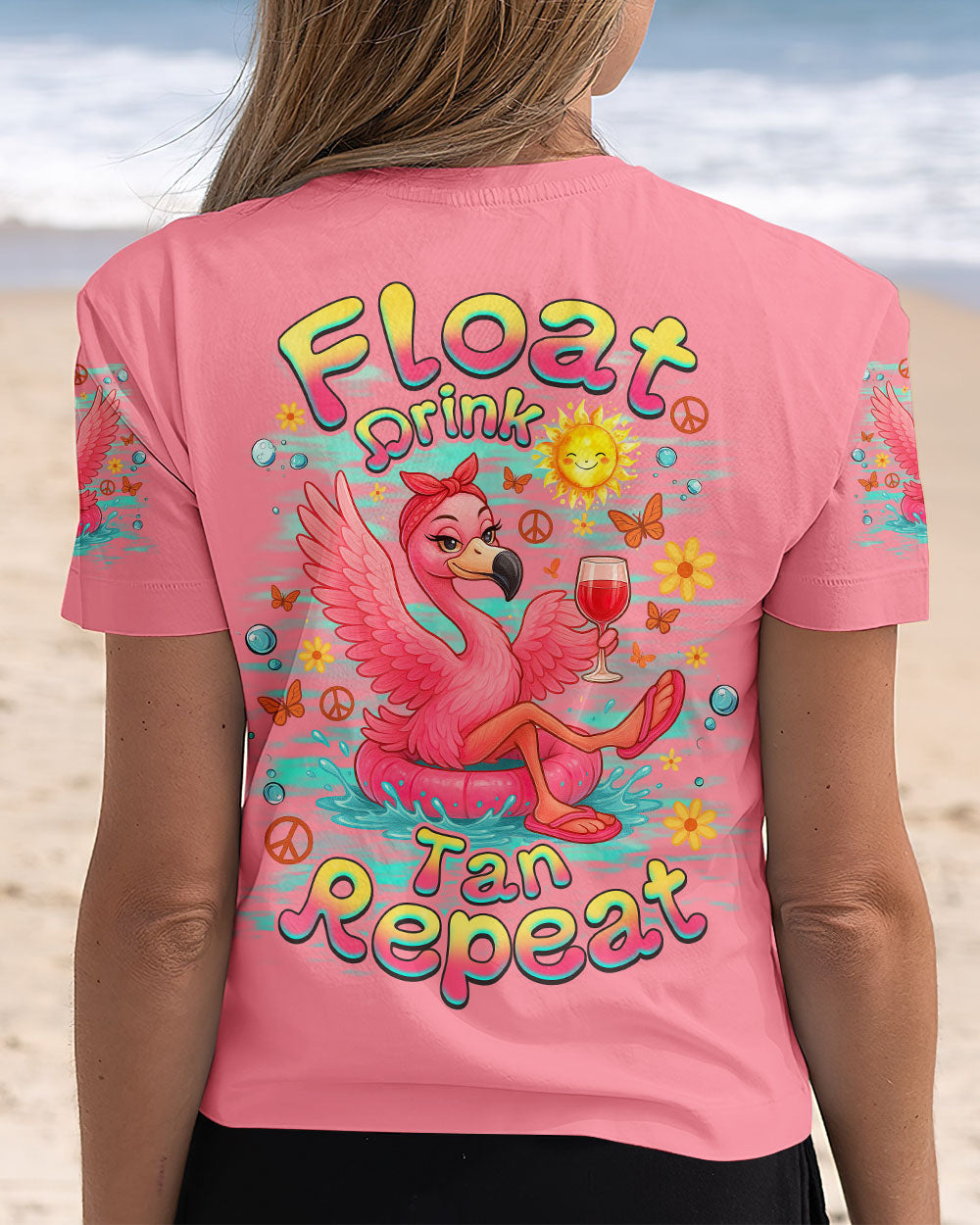 Float Drink Tan Repeat Funny Flamingo Pink Summer Vibes Design for Women AOP Shirts _5_ Gm6Bo