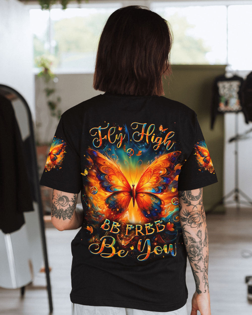 Fly High Be Free Be You Colorful Fire Butterfly Peace Sign Graphic AOP Shirts _10_ HAsHk