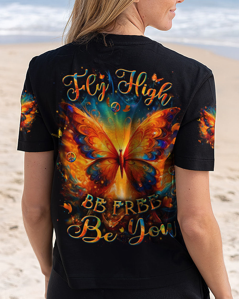 Fly High Be Free Be You Colorful Fire Butterfly Peace Sign Graphic AOP Shirts _12_ gkVtN