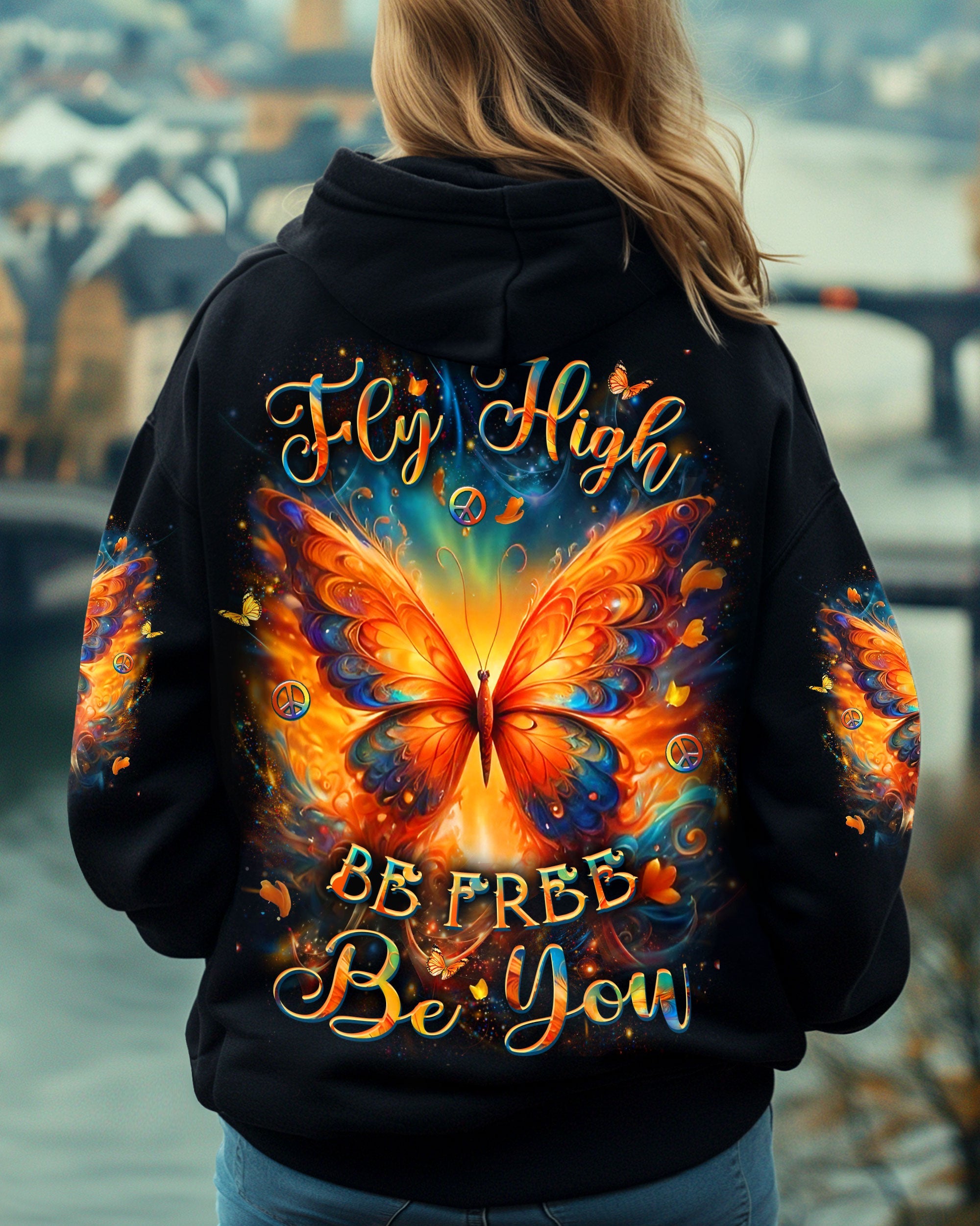 Fly High Be Free Be You Colorful Fire Butterfly Peace Sign Graphic AOP Shirts _1_ 6RE9o