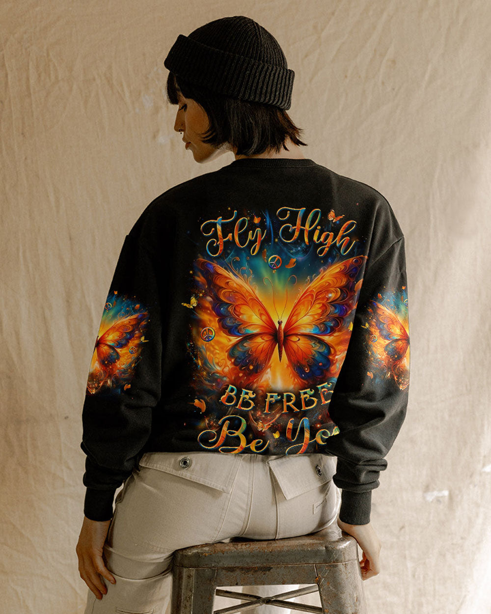 Fly High Be Free Be You Colorful Fire Butterfly Peace Sign Graphic AOP Shirts _3_ PTxjY
