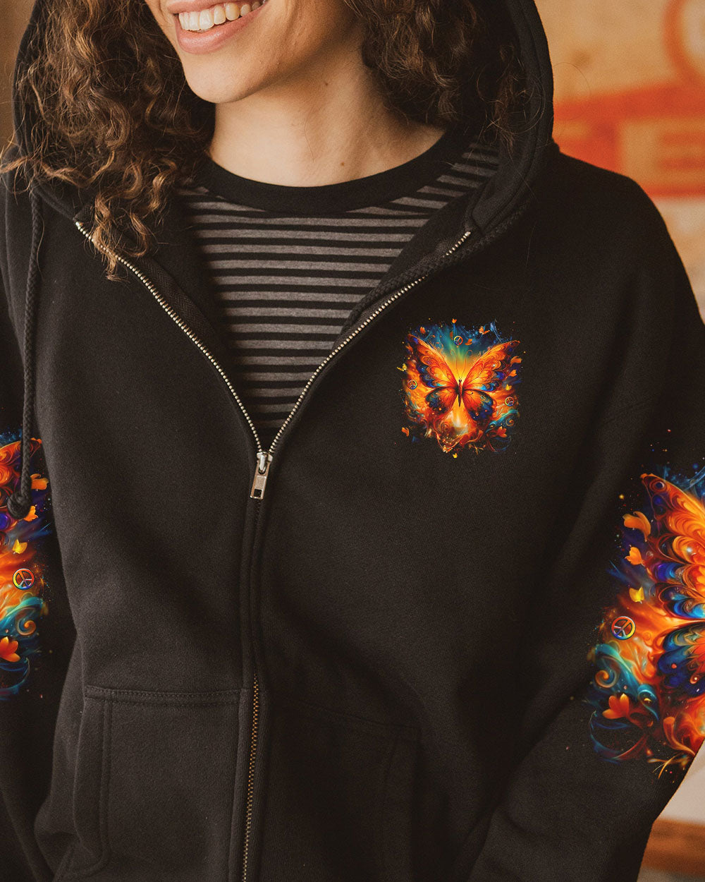 Fly High Be Free Be You Colorful Fire Butterfly Peace Sign Graphic AOP Shirts _4_ nwlZo