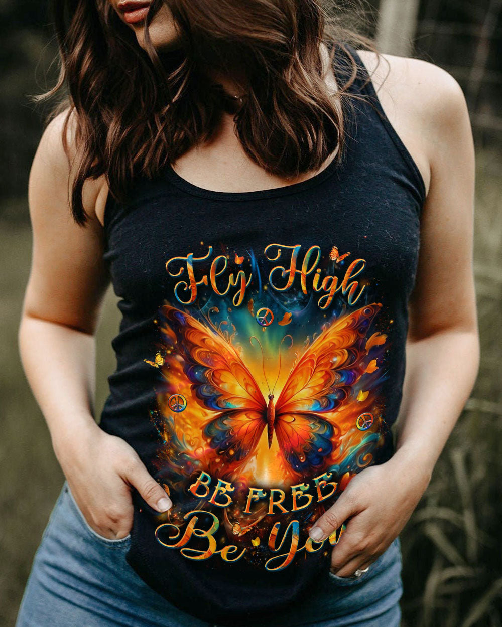 Fly High Be Free Be You Colorful Fire Butterfly Peace Sign Graphic AOP Shirts _5_ dieZ2