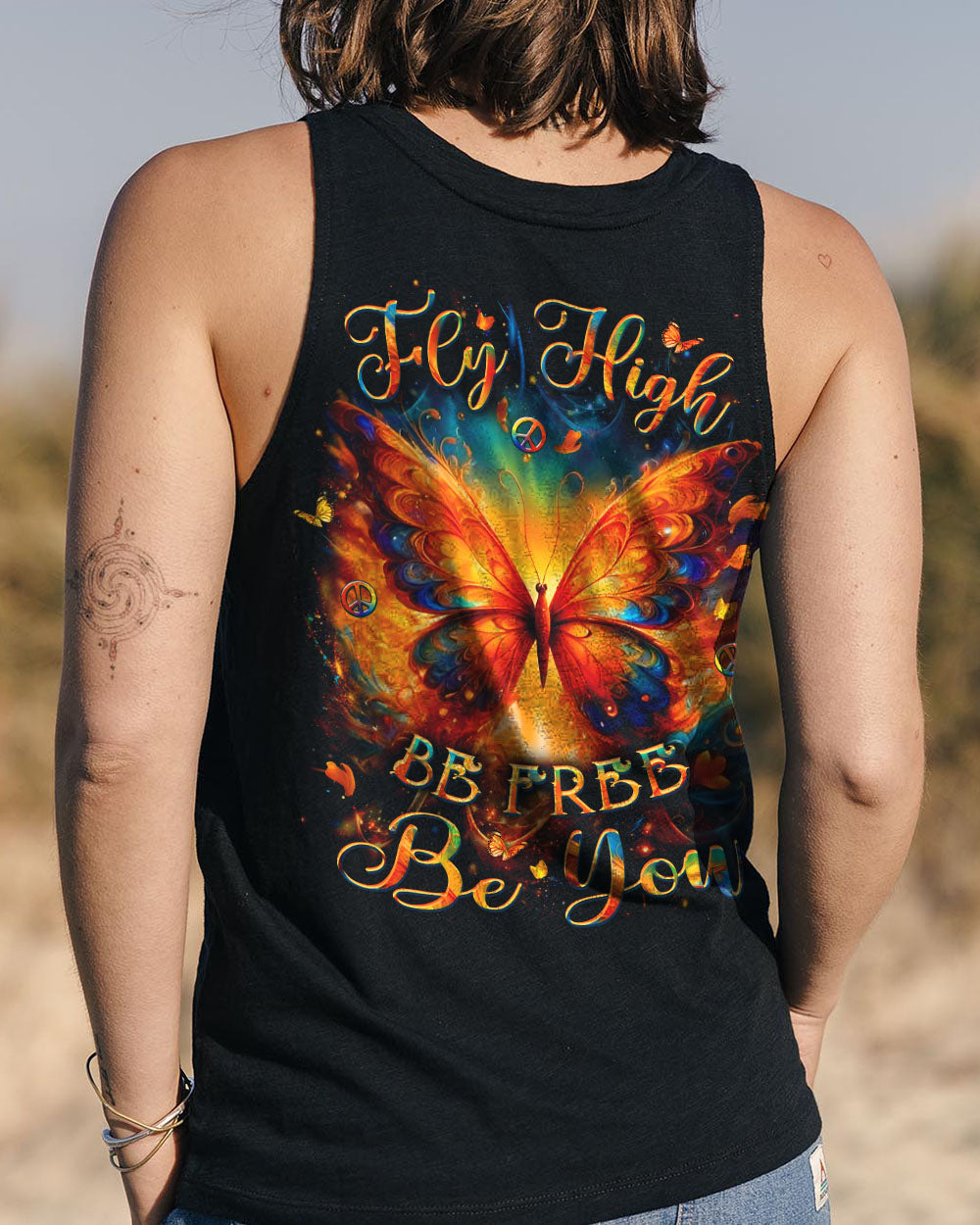Fly High Be Free Be You Colorful Fire Butterfly Peace Sign Graphic AOP Shirts _7_ 5FXWT