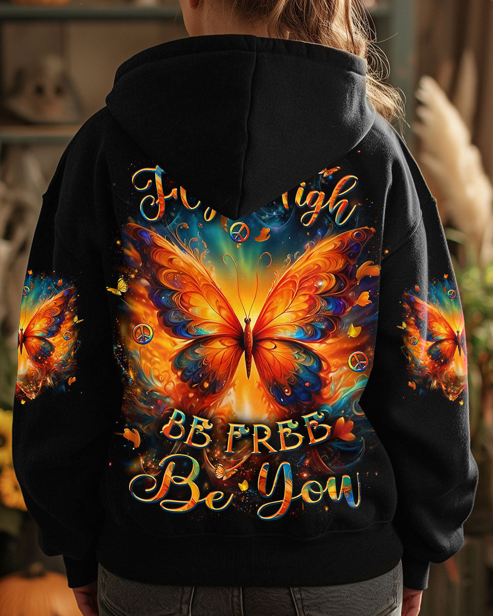 Fly High Be Free Be You Colorful Fire Butterfly Peace Sign Graphic AOP Shirts _8_ T6ZEW