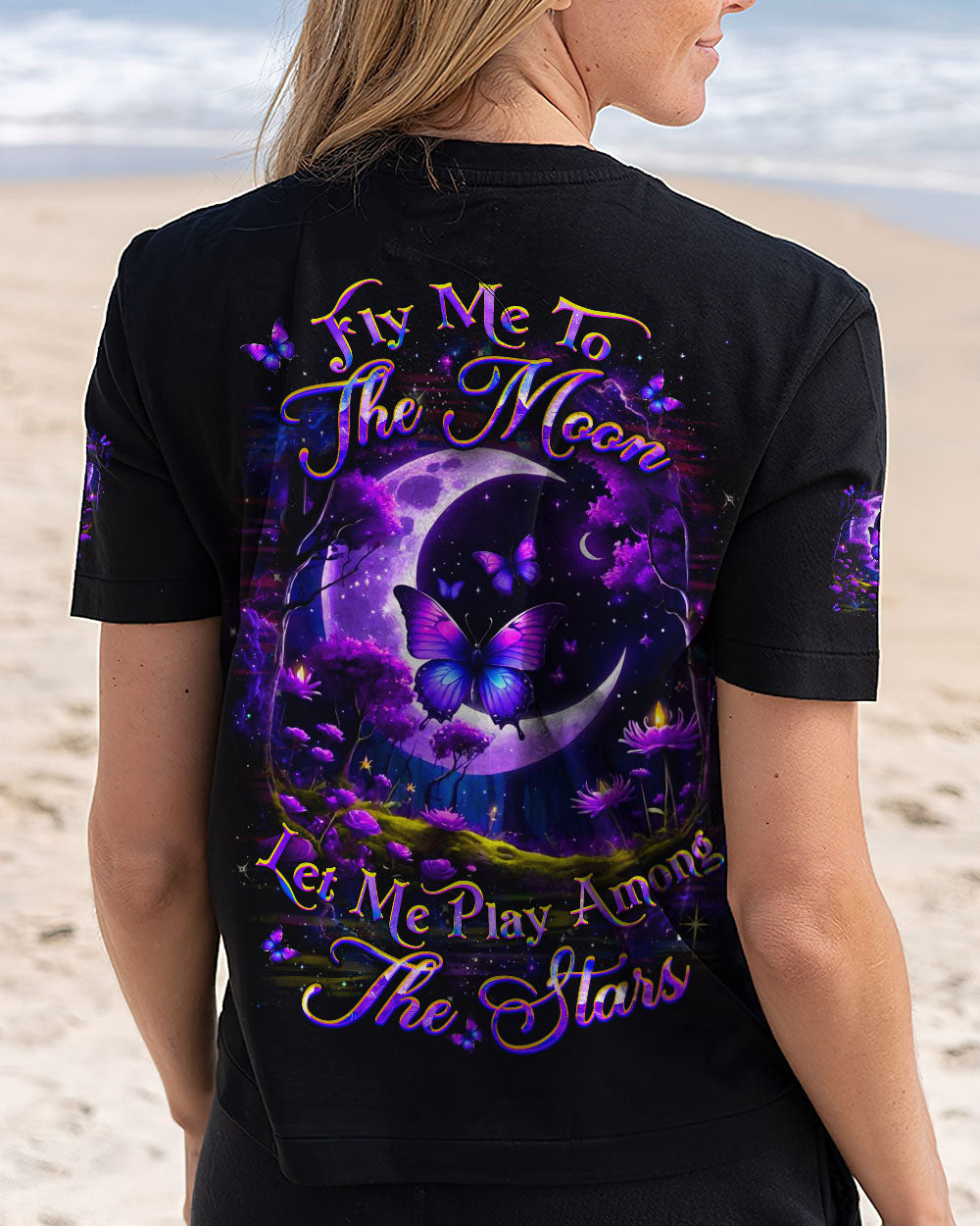 Fly Me to the Moon Let Me Play Among the Stars Purple Moon Butterfly AOP Shirts _5_ qZNZV