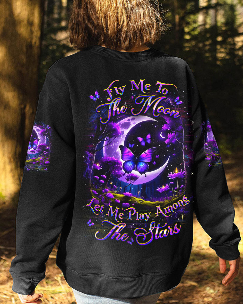 Fly Me to the Moon Let Me Play Among the Stars Purple Moon Butterfly AOP Shirts _9_ xu47h
