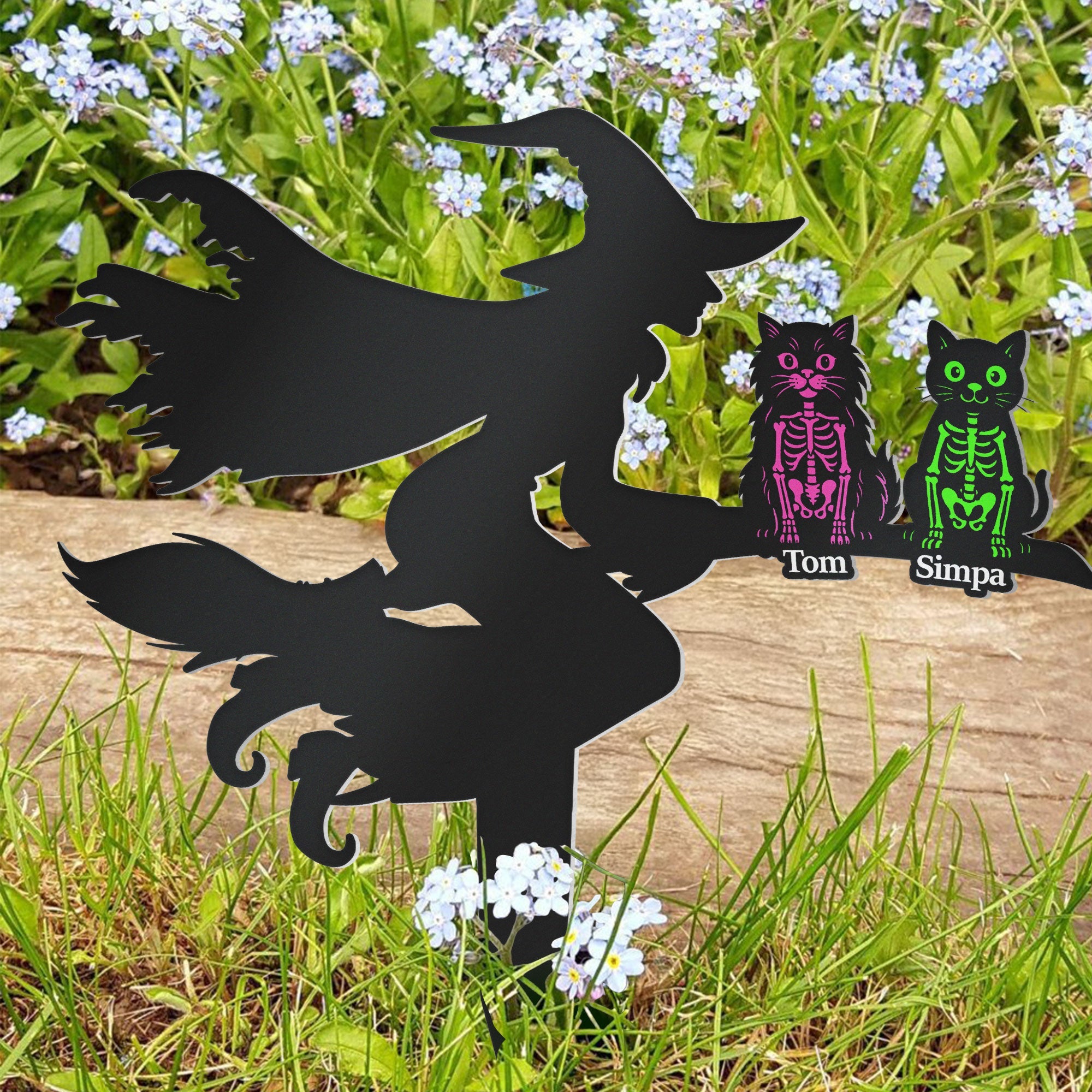 Flying Witch On Broom With Cat Skeleton Halloween Personalized Metal Garden Stake_5