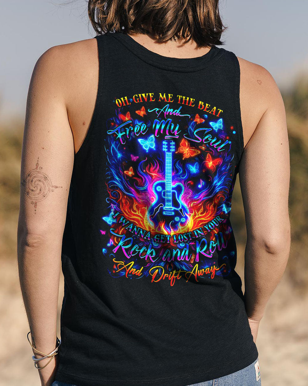 Free My Soul Rock and Roll Neon Vibrant Guitar Design for Women AOP Shirts _13_ nMTJI