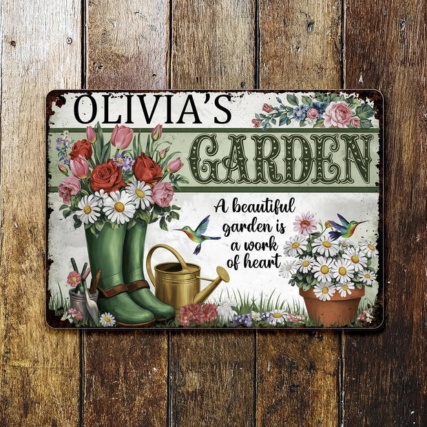 A Beautiful Garden, A Work Of Heart, Flowers And Hummingbirds - Personalized Metal Sign - Gift For Gardener