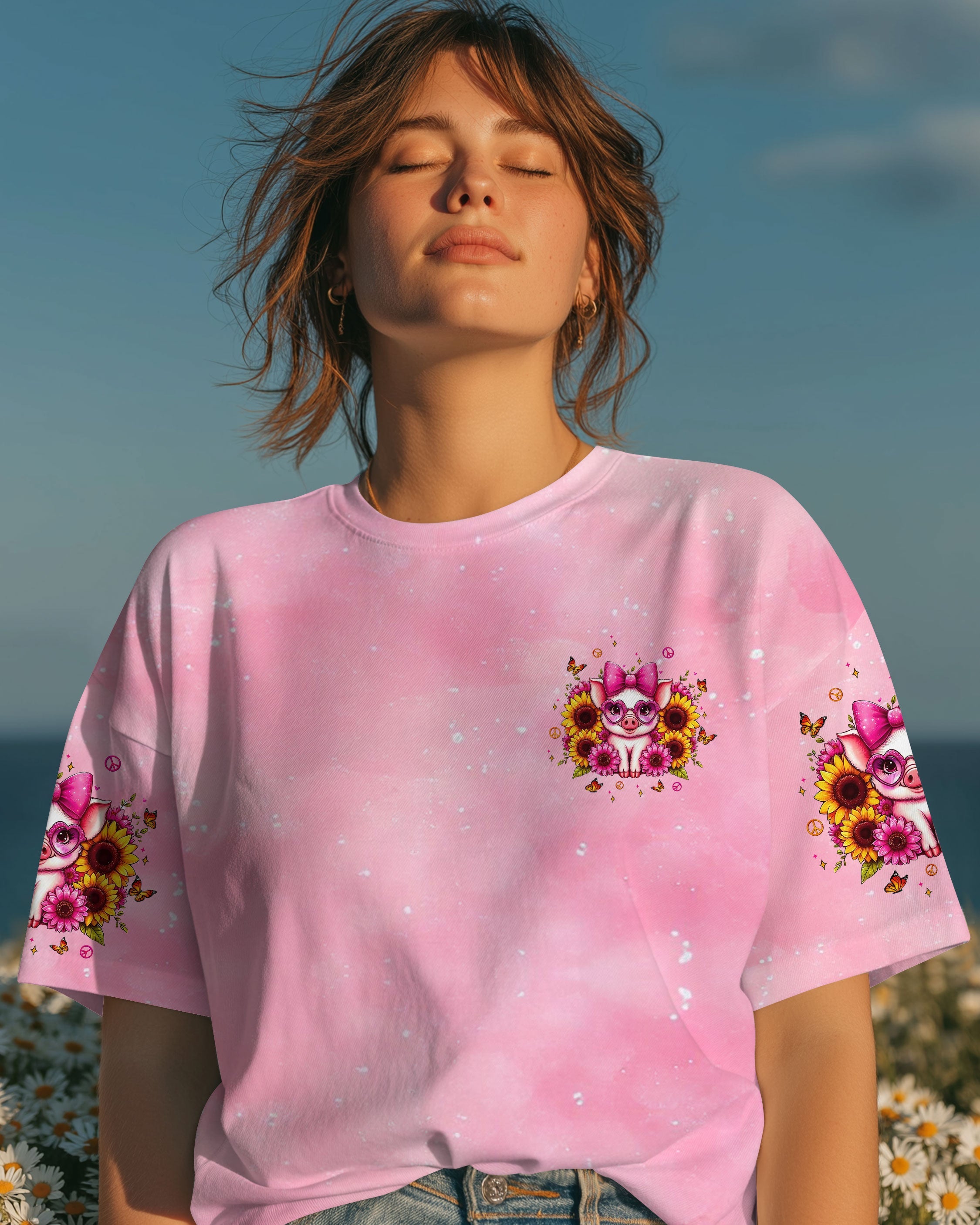 Gettin Piggy With It Cute Piggy with Hippie Sunflower AOP Shirts _12_ OMe9S