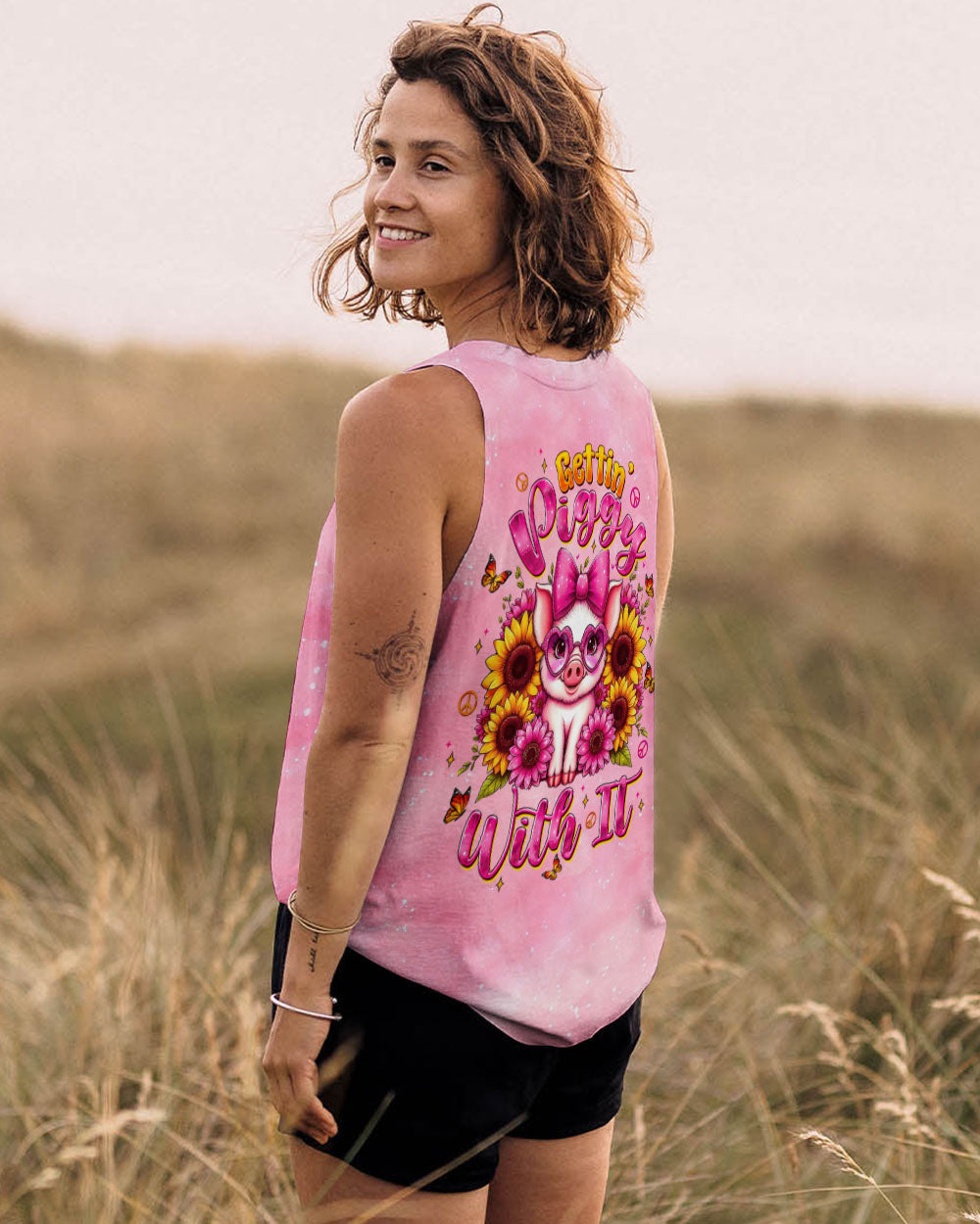 Gettin Piggy With It Cute Piggy with Hippie Sunflower AOP Shirts _7_ 25QTp