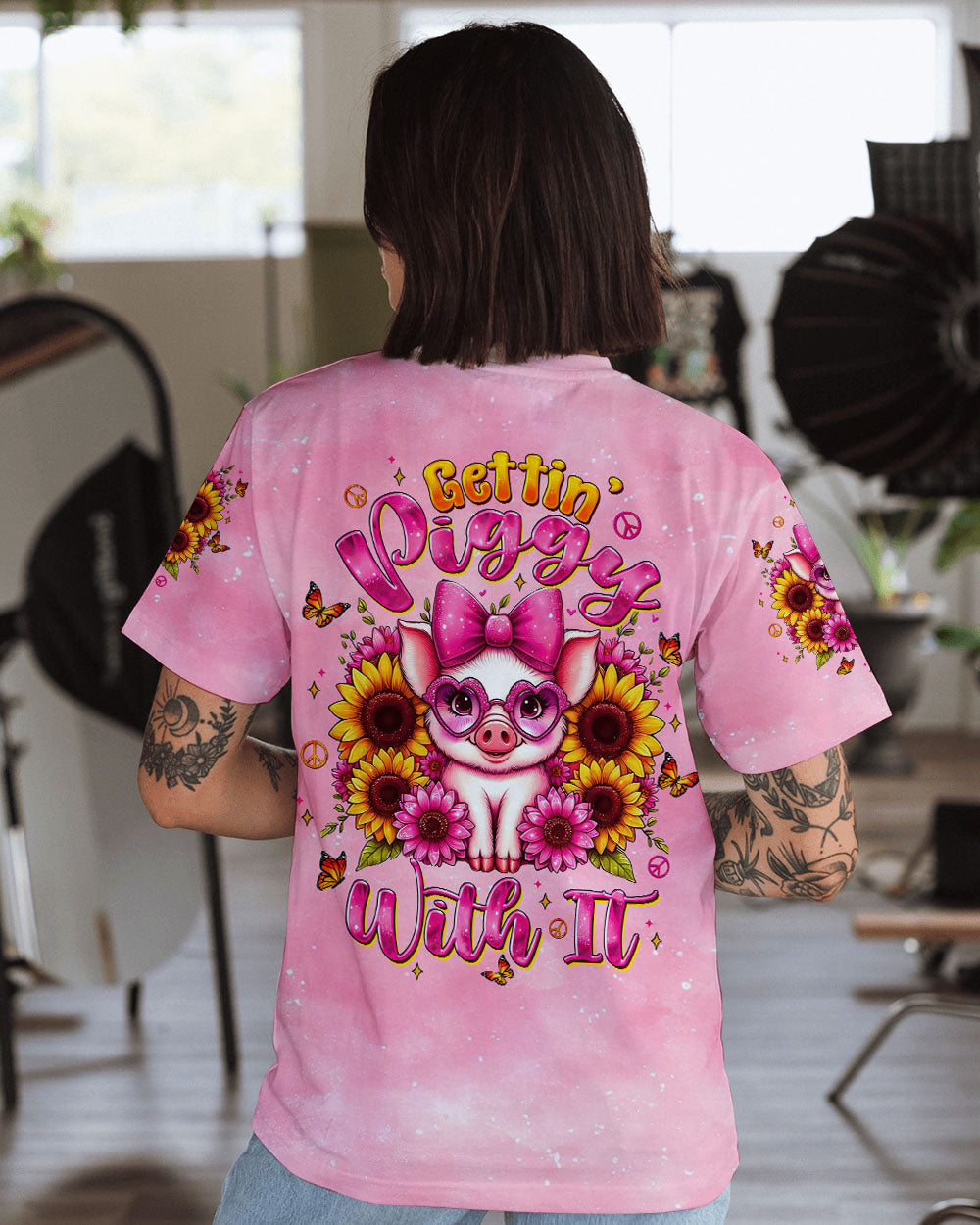 Gettin Piggy With It Cute Piggy with Hippie Sunflower AOP Shirts _8_ h9b8d