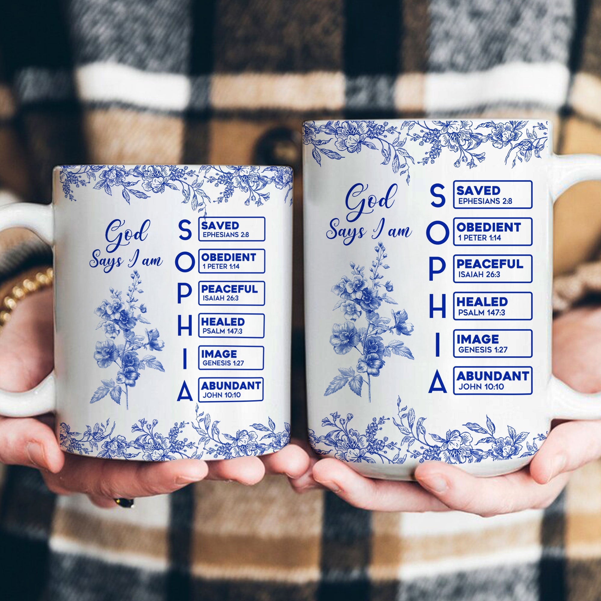 God Says I Am Name Letter In Bible Birth Flower Toile De Jouy Style Personalized Mug_4
