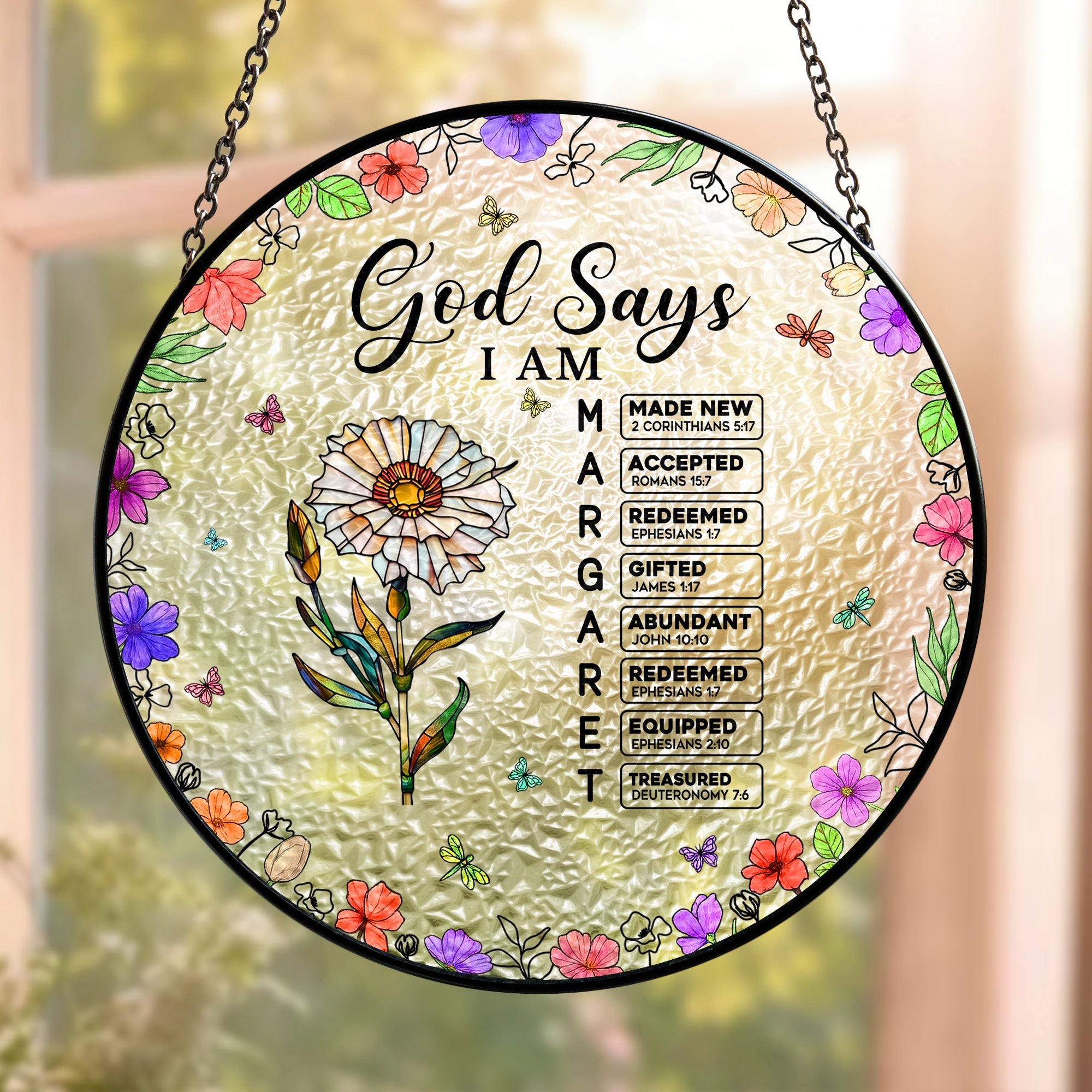 God Says I Am Name Letter In Bible Personalized Stained Glass Window Hanging Suncatcher_1