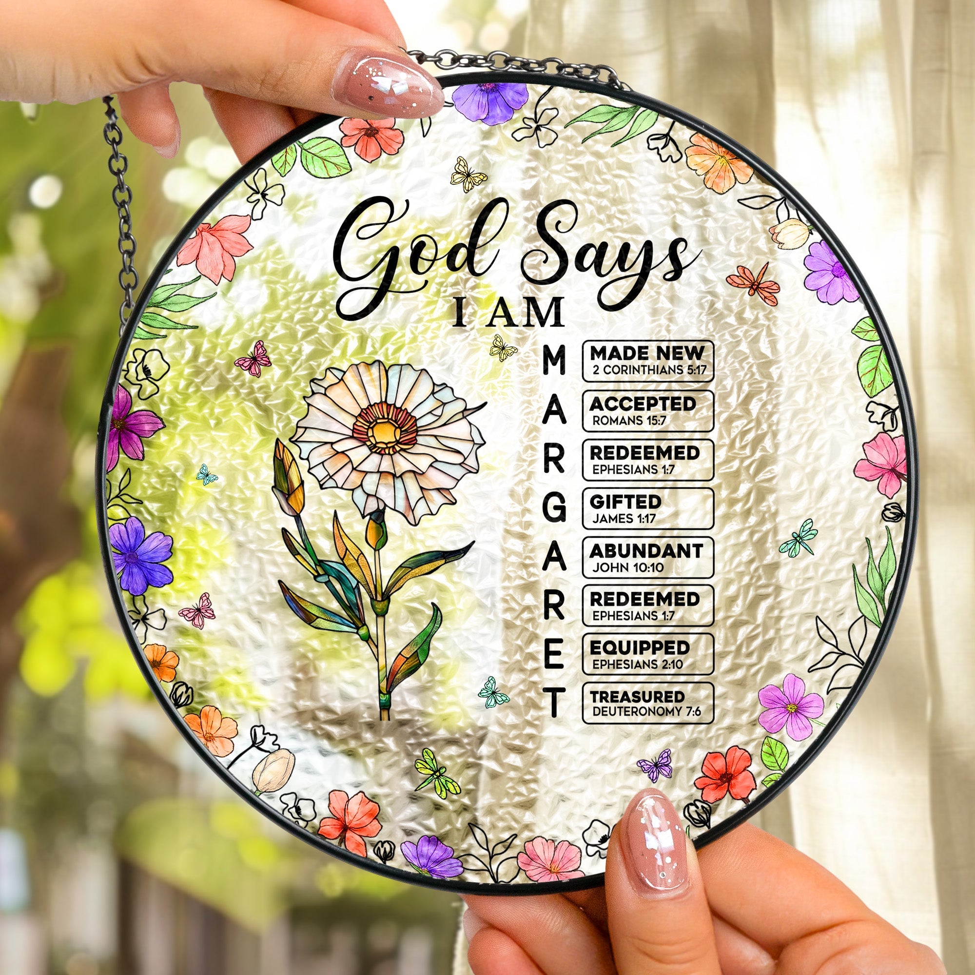 God Says I Am Name Letter In Bible Personalized Stained Glass Window Hanging Suncatcher_2