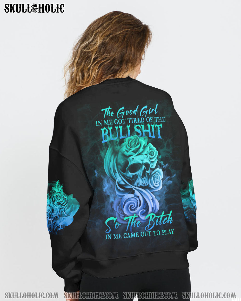 Good Girl Gone Bad Skull and Blue Roses Gothic Graphic AOP Shirts _12_ 7YfNi