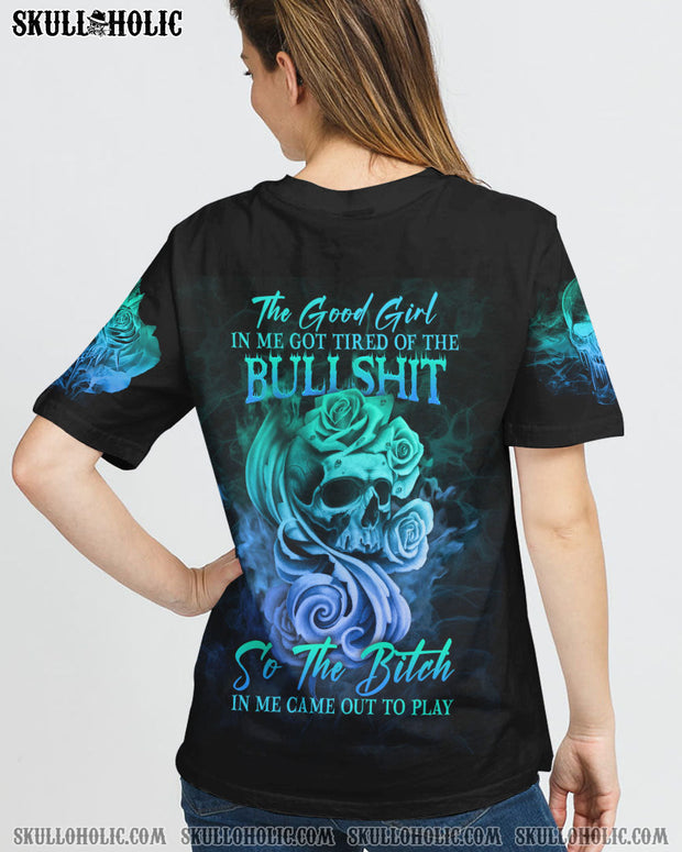 Good Girl Gone Bad - Skull and Blue Roses Gothic Graphic - AOP Shirts