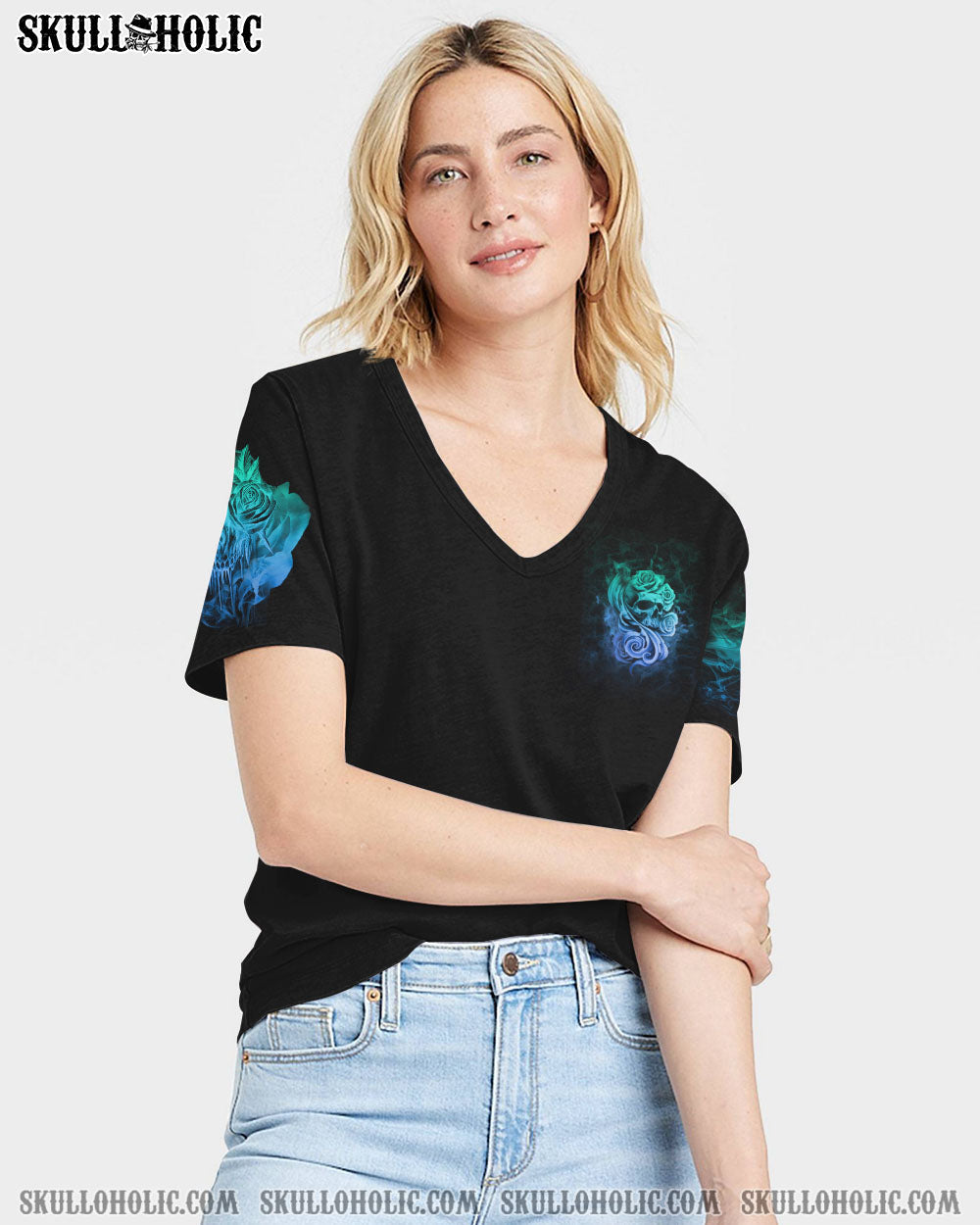 Good Girl Gone Bad Skull and Blue Roses Gothic Graphic AOP Shirts _2_ Ha4Fd