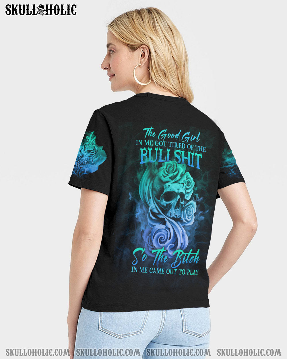 Good Girl Gone Bad Skull and Blue Roses Gothic Graphic AOP Shirts _3_ bpPWd