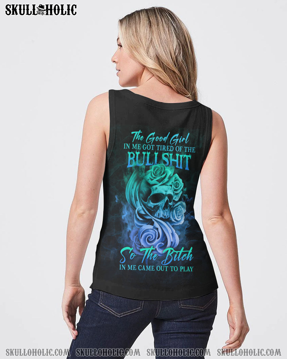 Good Girl Gone Bad Skull and Blue Roses Gothic Graphic AOP Shirts _7_ p8iJY