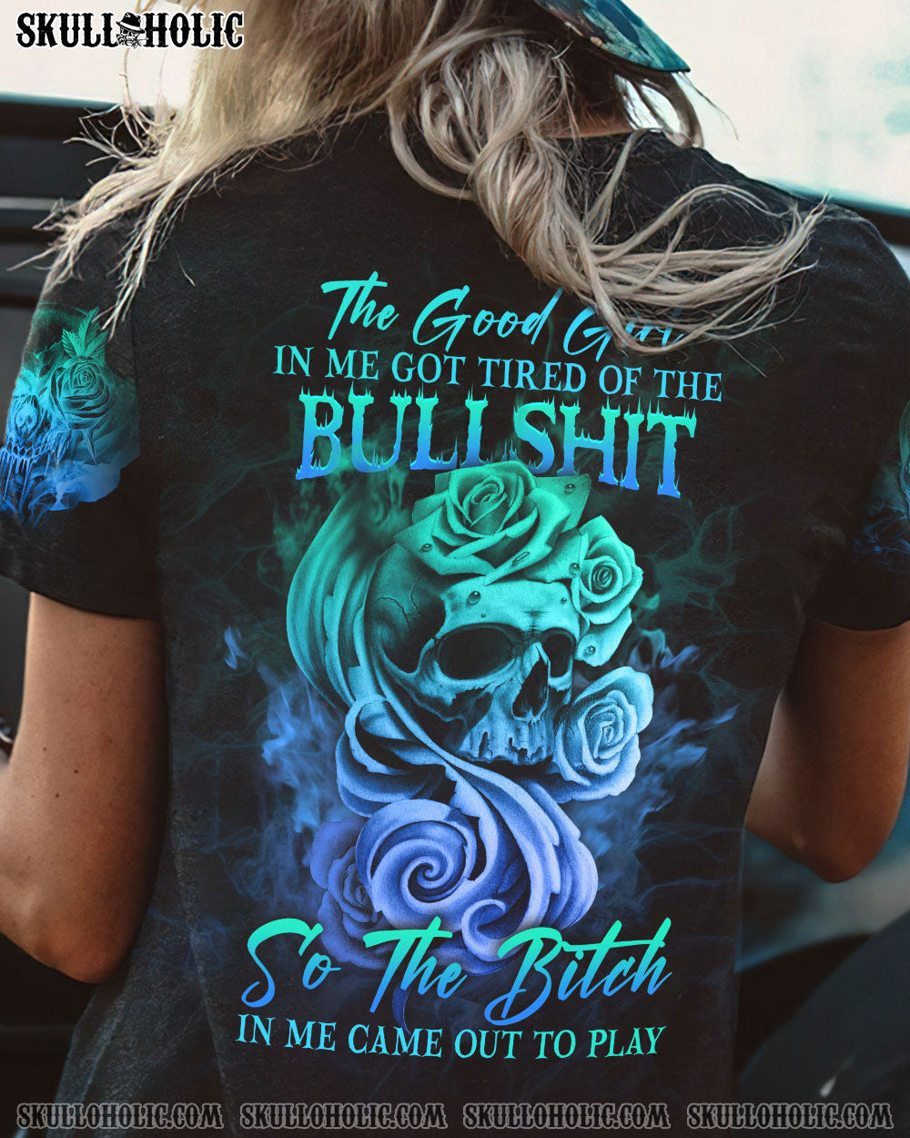 Good Girl Gone Bad Skull and Blue Roses Gothic Graphic AOP Shirts _8_ T7cDB