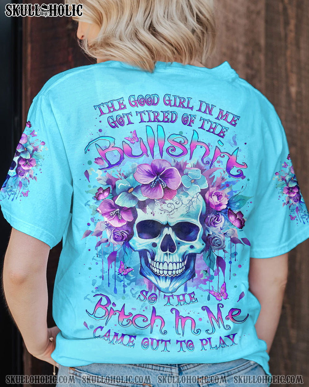 Good Girl gone Bad The B in Me Came Out Purple Skull and Floral Graphic for Women AOP Shirts _11_ lEuDL
