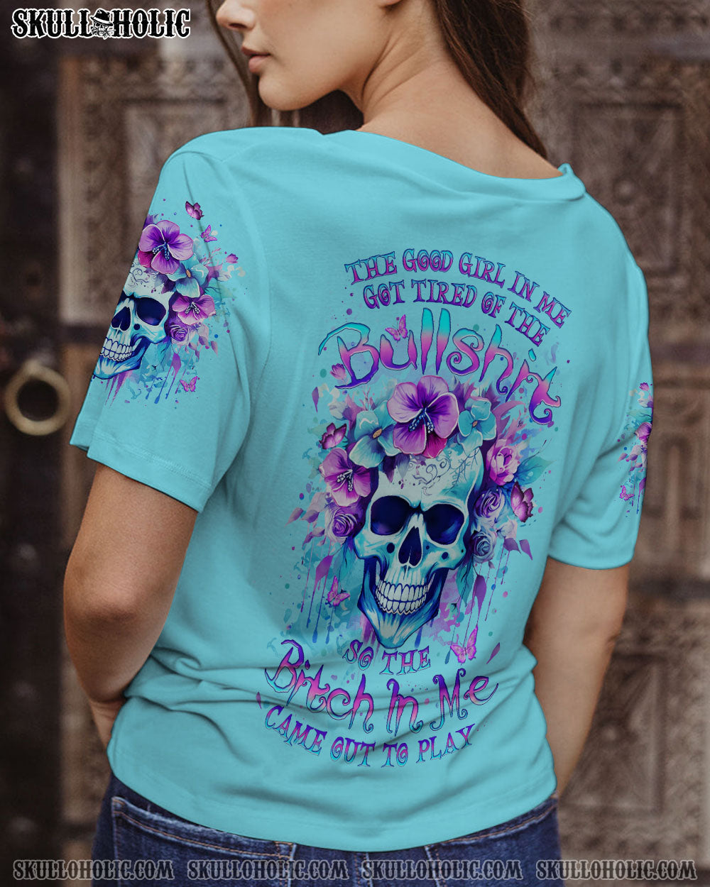 Good Girl gone Bad The B in Me Came Out Purple Skull and Floral Graphic for Women AOP Shirts _13_ xmDXo