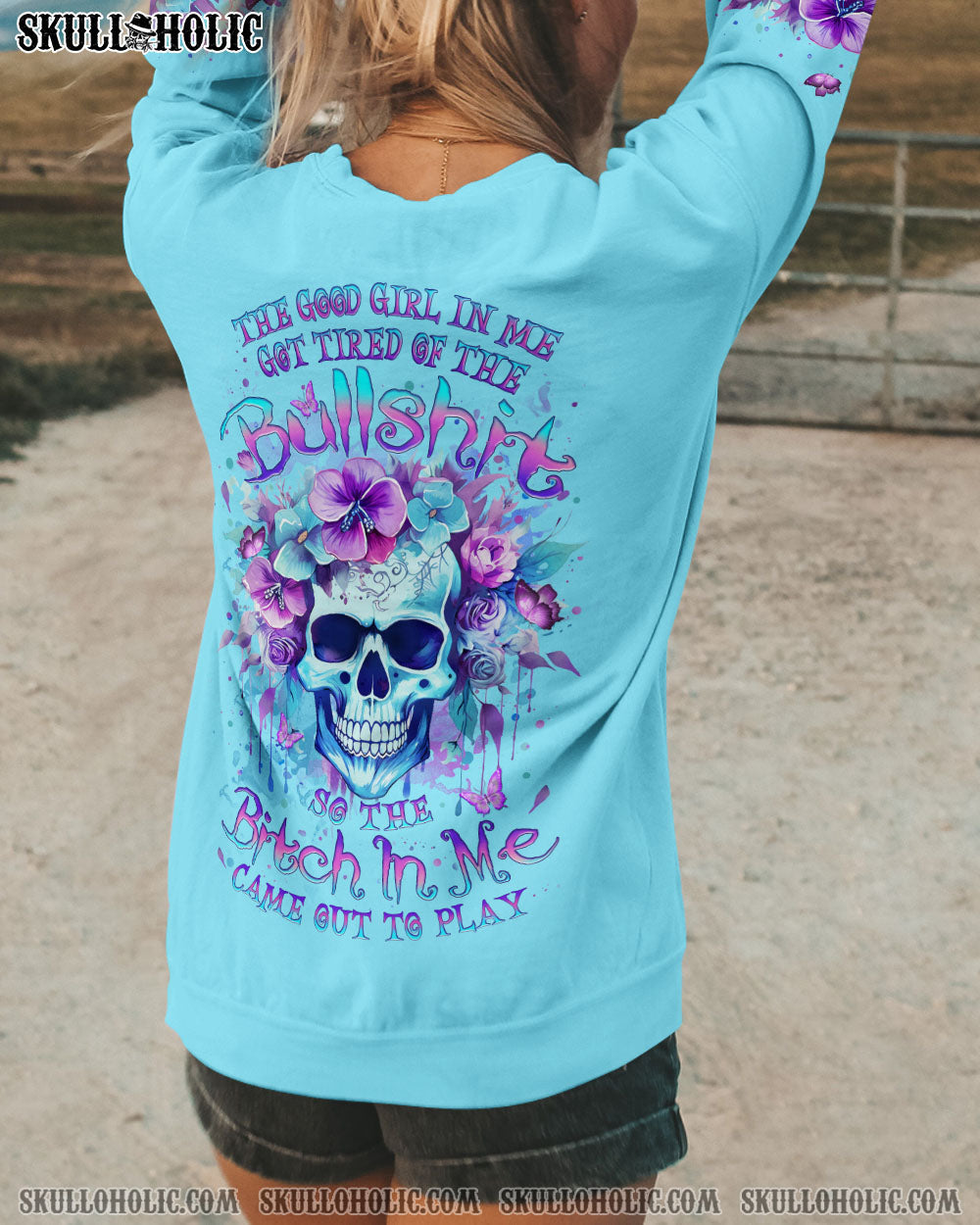 Good Girl gone Bad The B in Me Came Out Purple Skull and Floral Graphic for Women AOP Shirts _3_ IXH7l