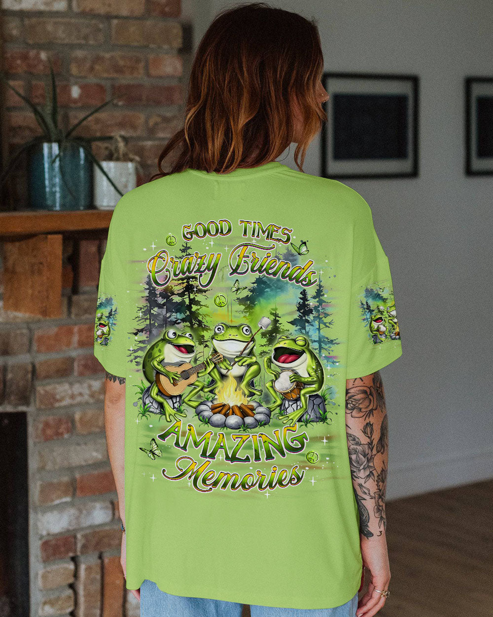 Good Times Crazy Friends Amazing Memories Frog Camping Campfire AOP Shirts _10_ DNbjm