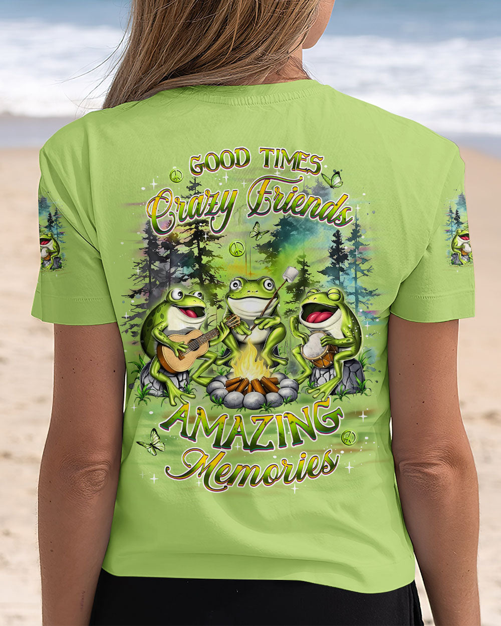 Good Times Crazy Friends Amazing Memories Frog Camping Campfire AOP Shirts _12_ xoIJr