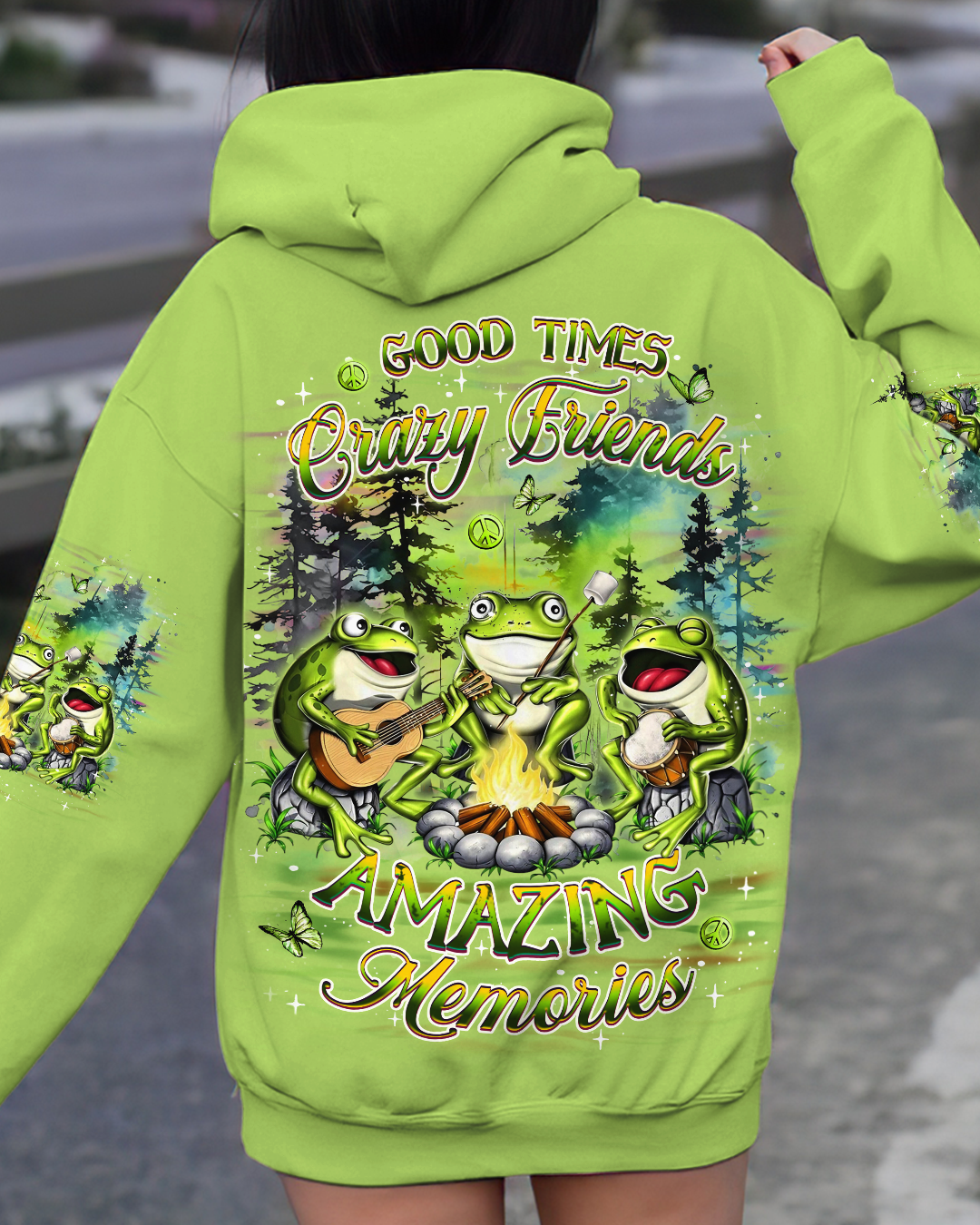 Good Times Crazy Friends Amazing Memories Frog Camping Campfire AOP Shirts _1_ o7Dni