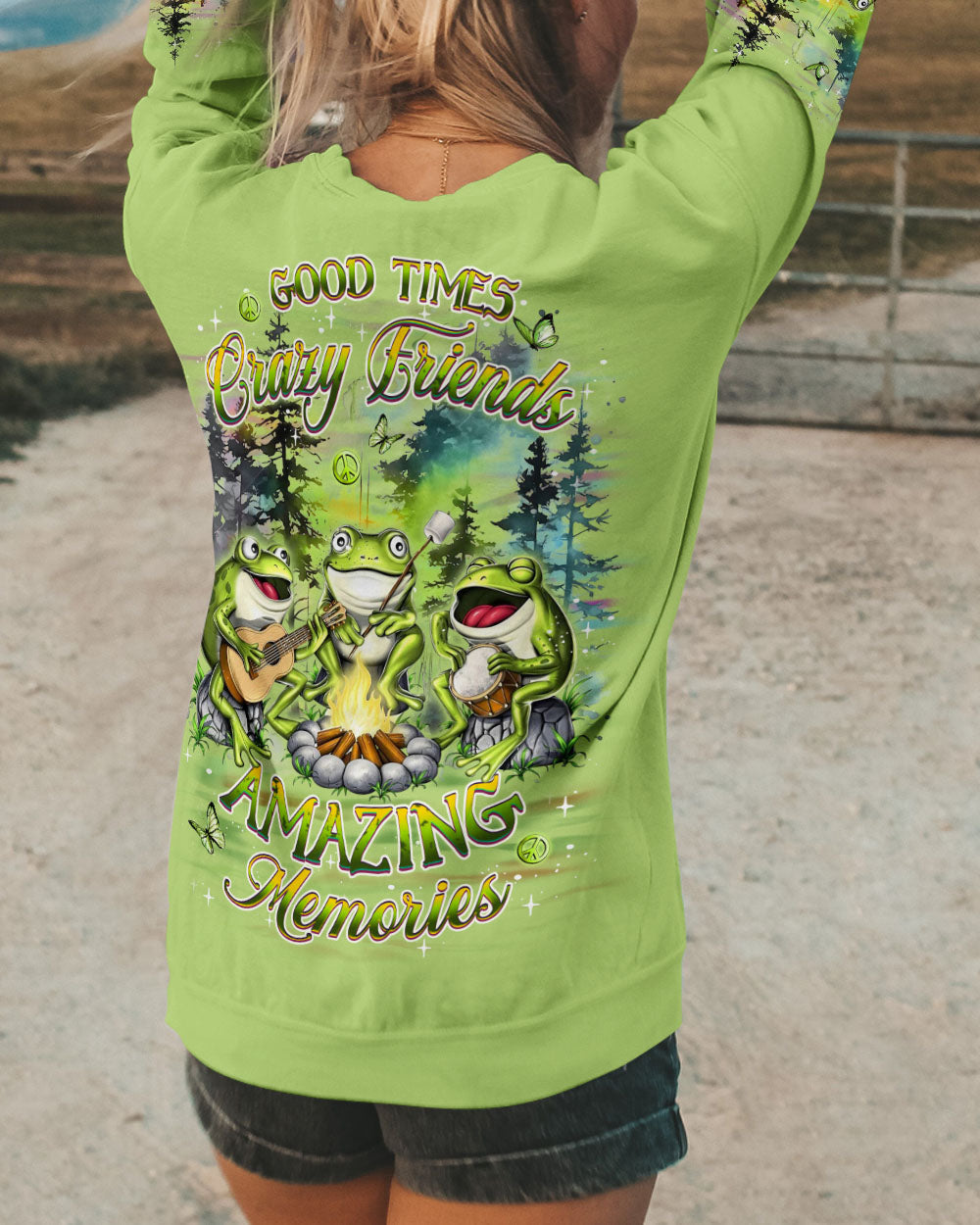 Good Times Crazy Friends Amazing Memories Frog Camping Campfire AOP Shirts _2_ YlpdQ