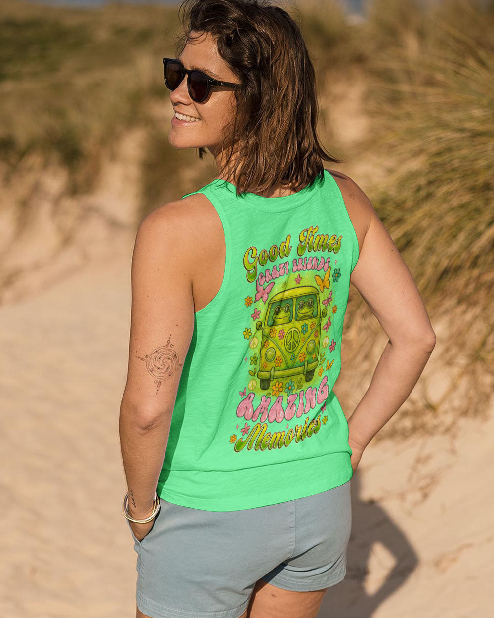 Good Times Crazy Friends Amazing Memories Frog with Van Car Design for Women AOP Shirts _12_ WHgBI