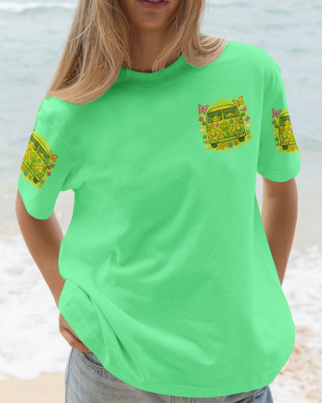 Good Times Crazy Friends Amazing Memories Frog with Van Car Design for Women AOP Shirts _13_ ByKt7