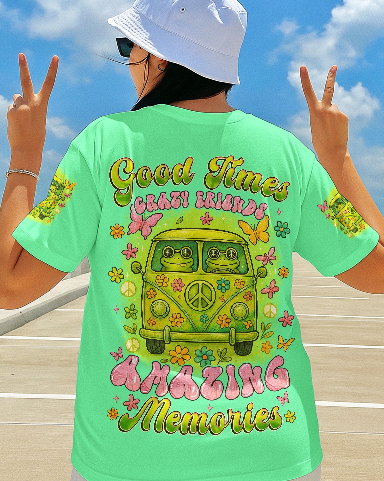 Good Times Crazy Friends Amazing Memories Frog with Van Car Design for Women AOP Shirts _6_ yzh88
