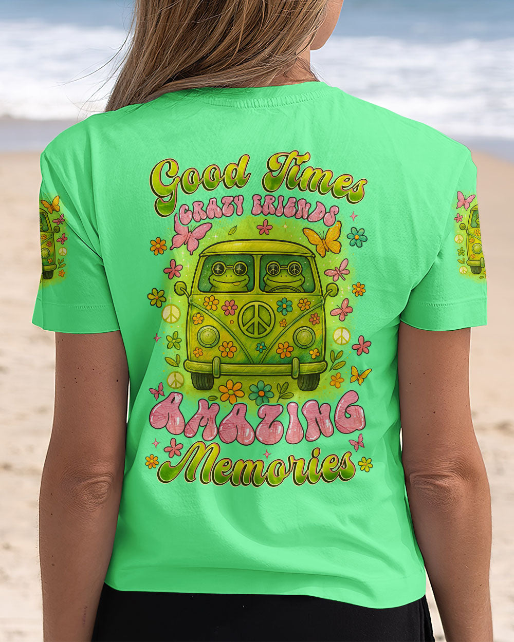 Good Times Crazy Friends Amazing Memories Frog with Van Car Design for Women AOP Shirts _7_ AMyZI