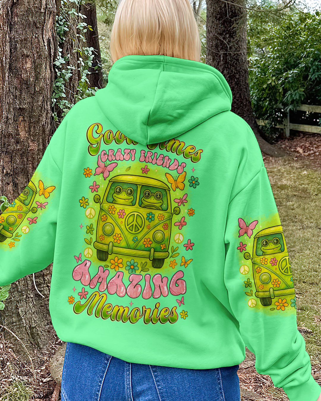 Good Times Crazy Friends Amazing Memories Frog with Van Car Design for Women AOP Shirts _8_ ntuLw
