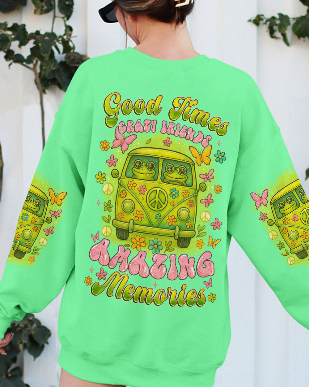 Good Times Crazy Friends Amazing Memories Frog with Van Car Design for Women AOP Shirts _9_ qrrep