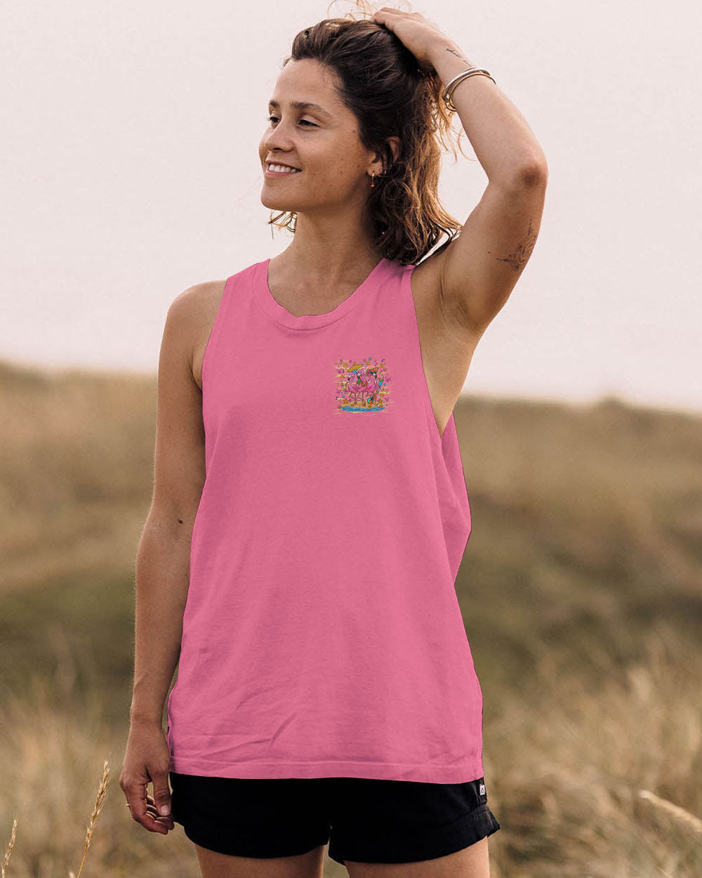 Good Times Crazy Friends Flamingo Fun and Colorful Summer Graphic Tee for Women AOP Shirts _13_ B4j3q