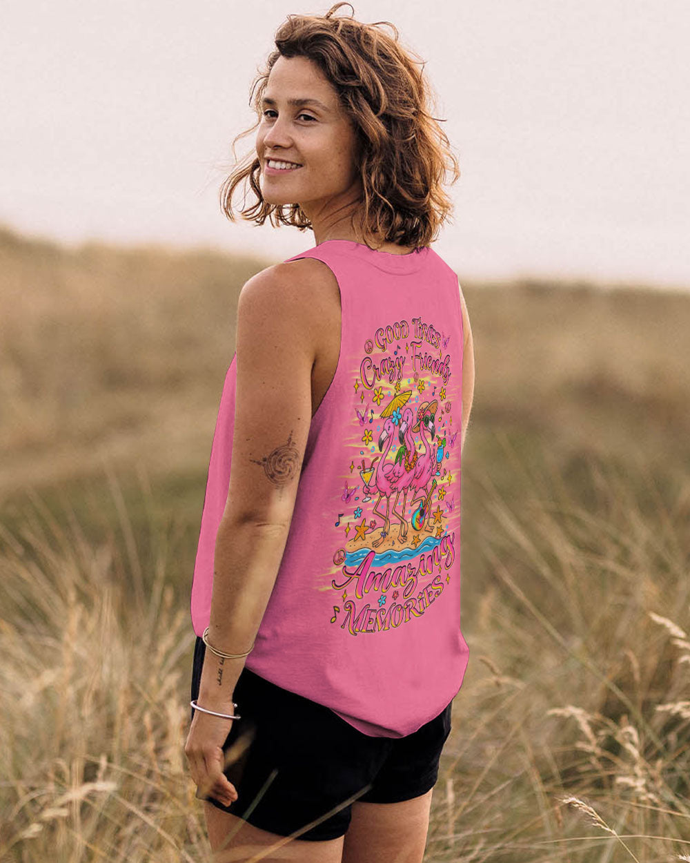 Good Times Crazy Friends Flamingo Fun and Colorful Summer Graphic Tee for Women AOP Shirts _14_ loFGY