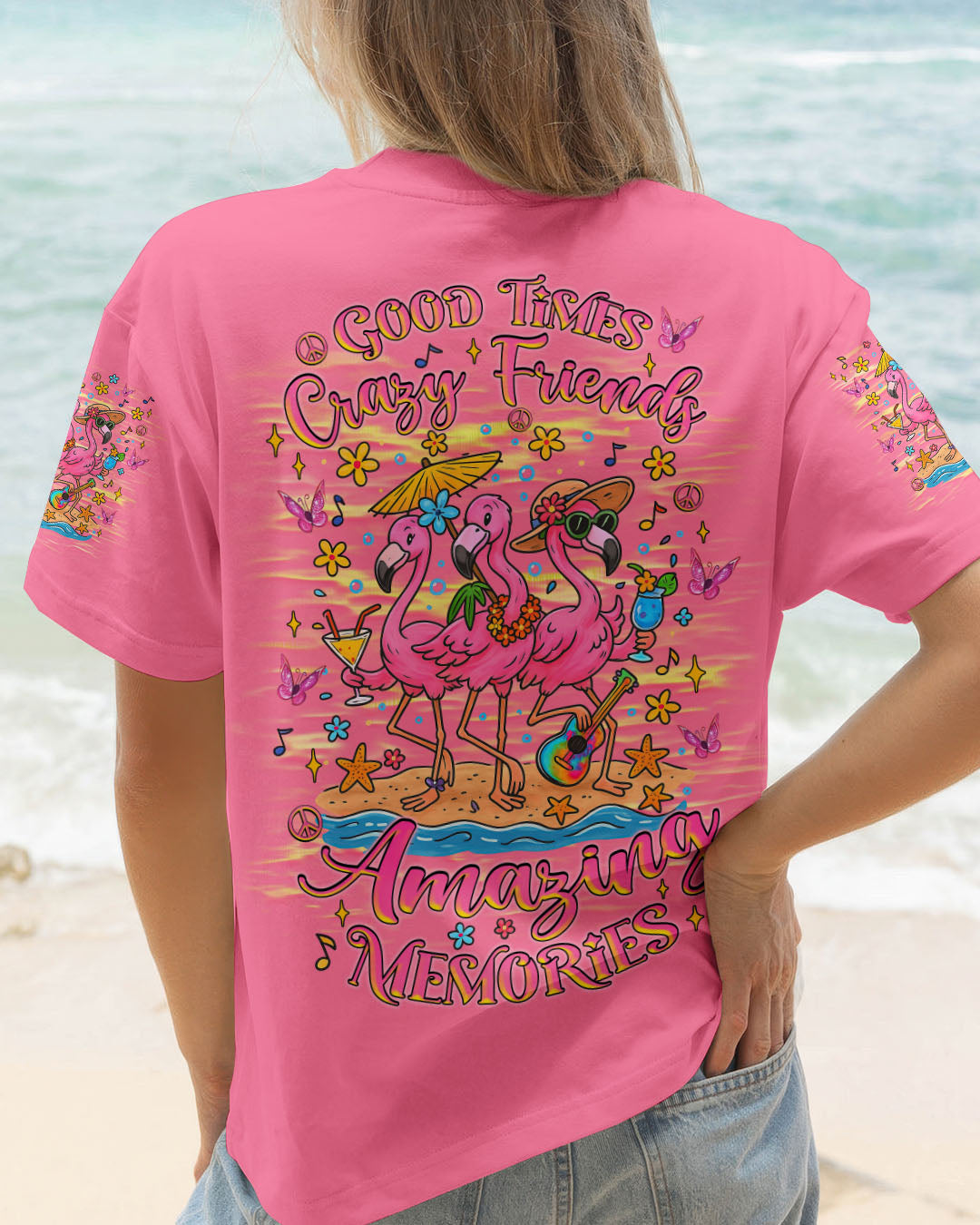 Good Times Crazy Friends Flamingo Fun and Colorful Summer Graphic Tee for Women AOP Shirts _1_ ulowZ