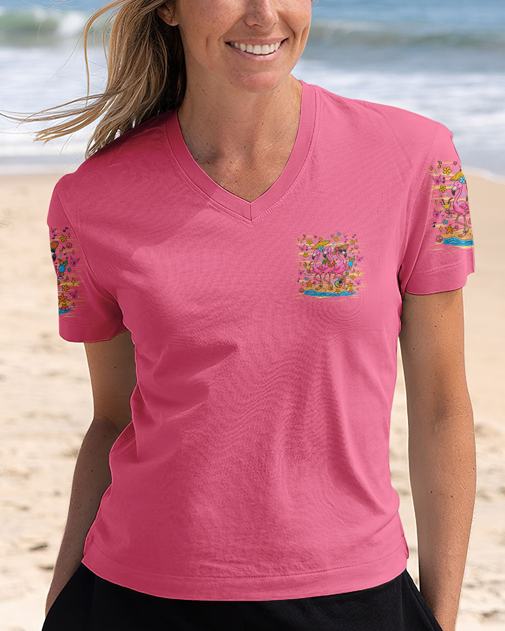 Good Times Crazy Friends Flamingo Fun and Colorful Summer Graphic Tee for Women AOP Shirts _5_ od0qu