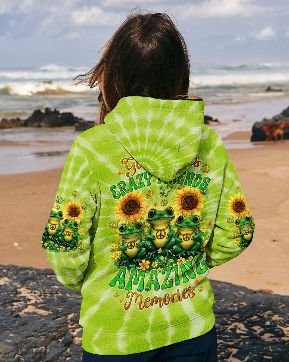 Good Times Crazy Friends Frog Fun Tie Dye with Sunflowers Graphic Tee for Women AOP Shirts _12_ c0jKn