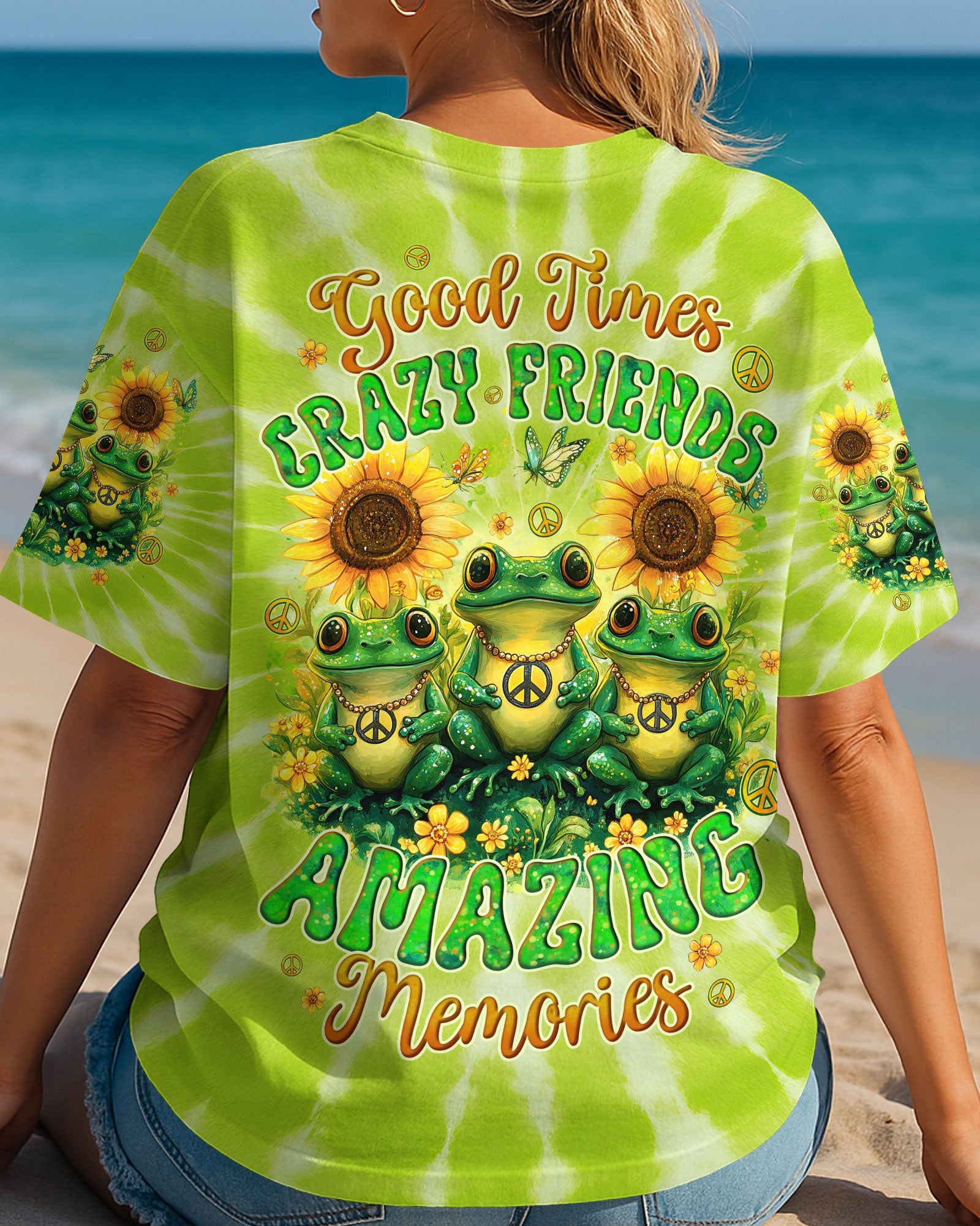 Good Times Crazy Friends Frog Fun Tie Dye with Sunflowers Graphic Tee for Women AOP Shirts _4_ Y0I0I