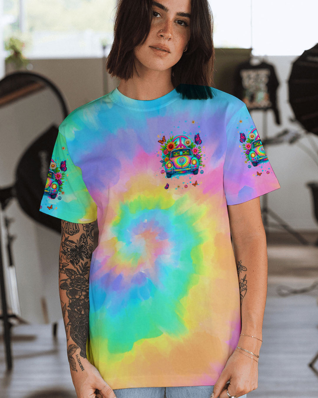 Good Times Crazy Friends VW Bus Colorful Tie Dye with Psychedelic Design for Women AOP Shirts _2_ aeHIr