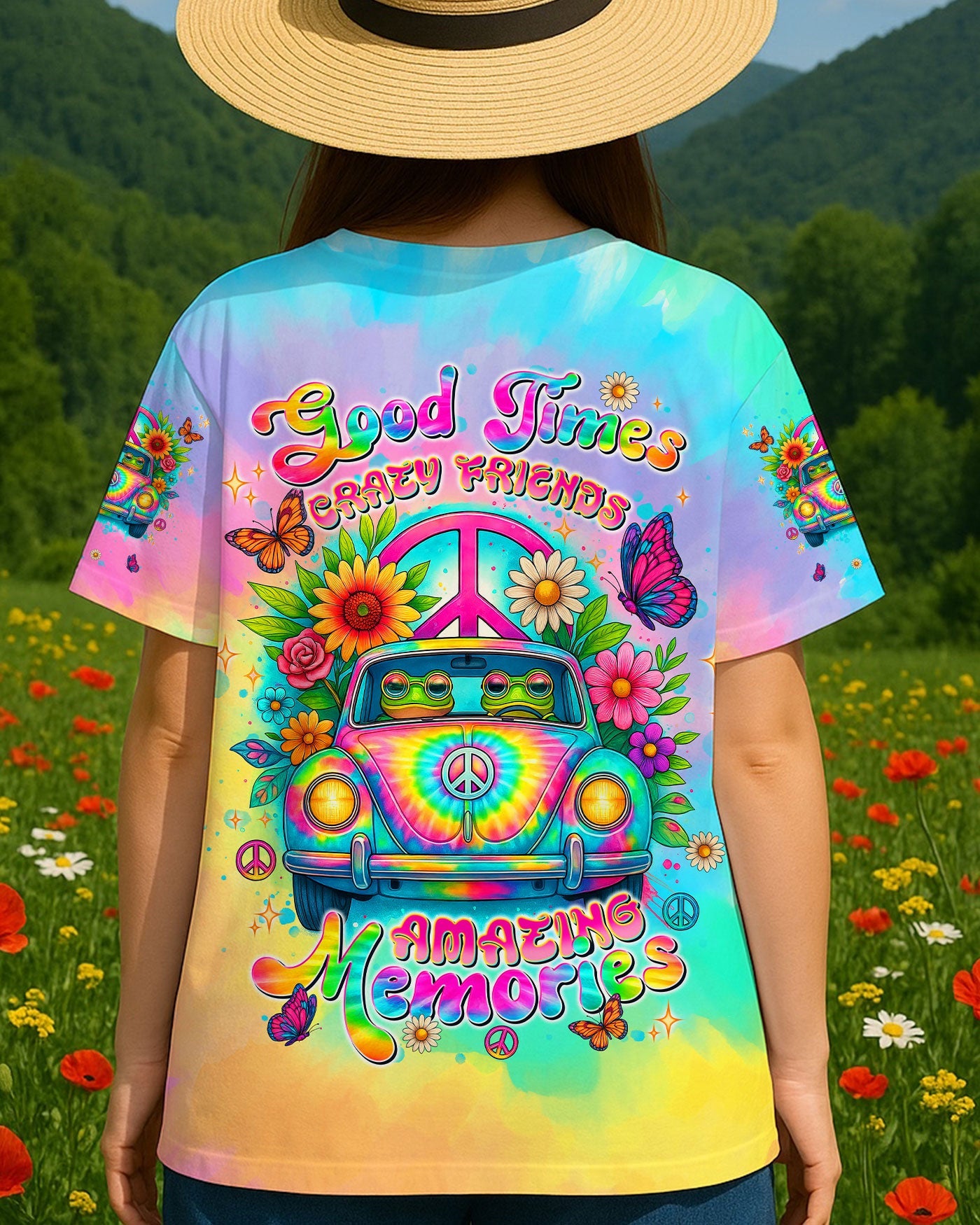 Good Times Crazy Friends VW Bus Colorful Tie Dye with Psychedelic Design for Women AOP Shirts _3_ igOQj